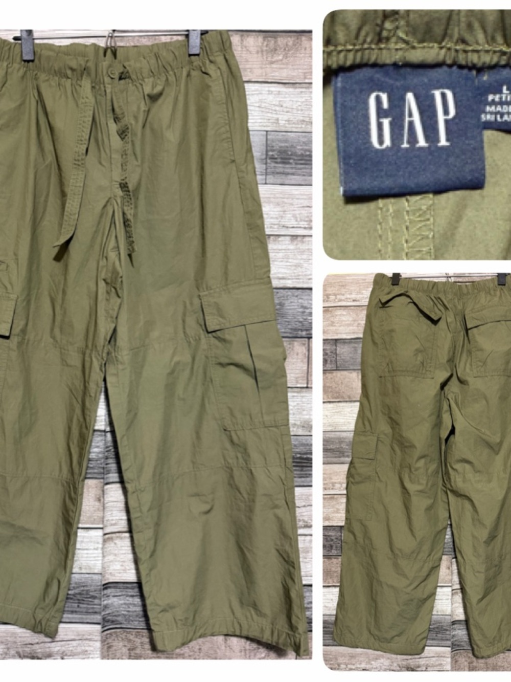 Gap Cargo Wide Leg Pants Women’s L Petite Green Tie Waist Ankle Drawstring